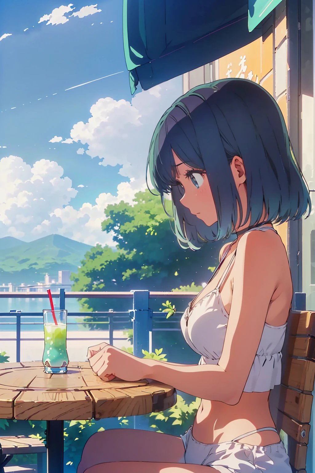 Highest quality,8k,detailed,F cup bust、Big Breasts、Very cute face、Slim and beautiful arms、Very white beautiful skin、((((1 person、smile、Thin white bikini、smile、sit、In the background are the urban buildings of Tokyo、Outdoor café terrace、juice、Leaning back in a chair、Crossing your legs、coastal、Best Beautiful Legs、Shooting from the side、table、Anime illustrations、Shooting from a distance))))、Very blue sky、A completely cloudless sky、The atmosphere is bright and lively、The woman is at the center of the image。