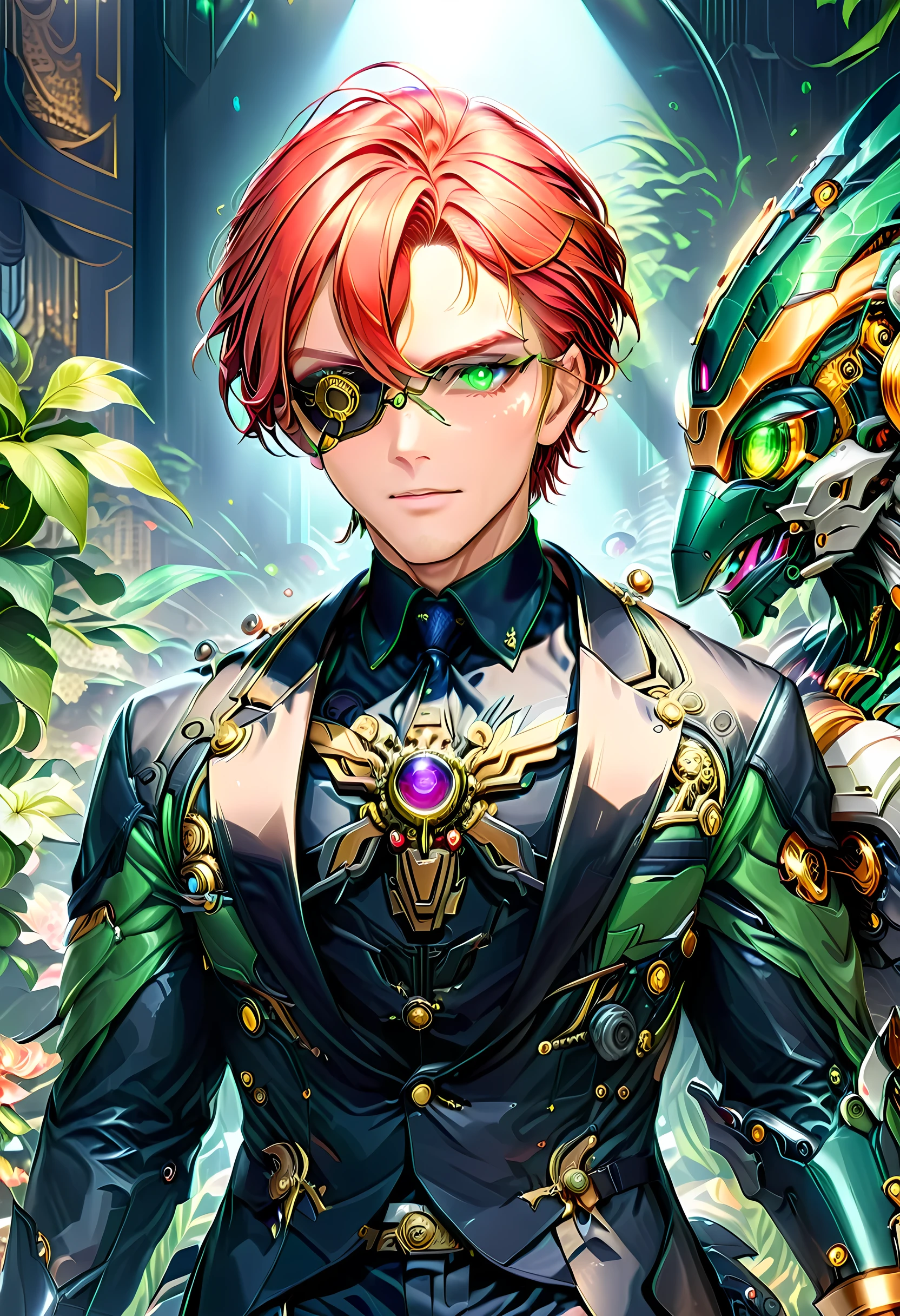 Arafed a picture of a human male spy, wearing dark suit, wearing ((mecha eye patch)), ((eye patch covering only one eye: 1.5))exquisite beautiful male, red hair, short hair, green eyes, ((the eye patch has intricate mechanical part in it: 1.4)), high society gala event background, (Masterpiece: 1.5), 16k, highres, best quality, high details, ultra detailed, masterpiece, best quality, (extremely detailed), Mechanical Creatures