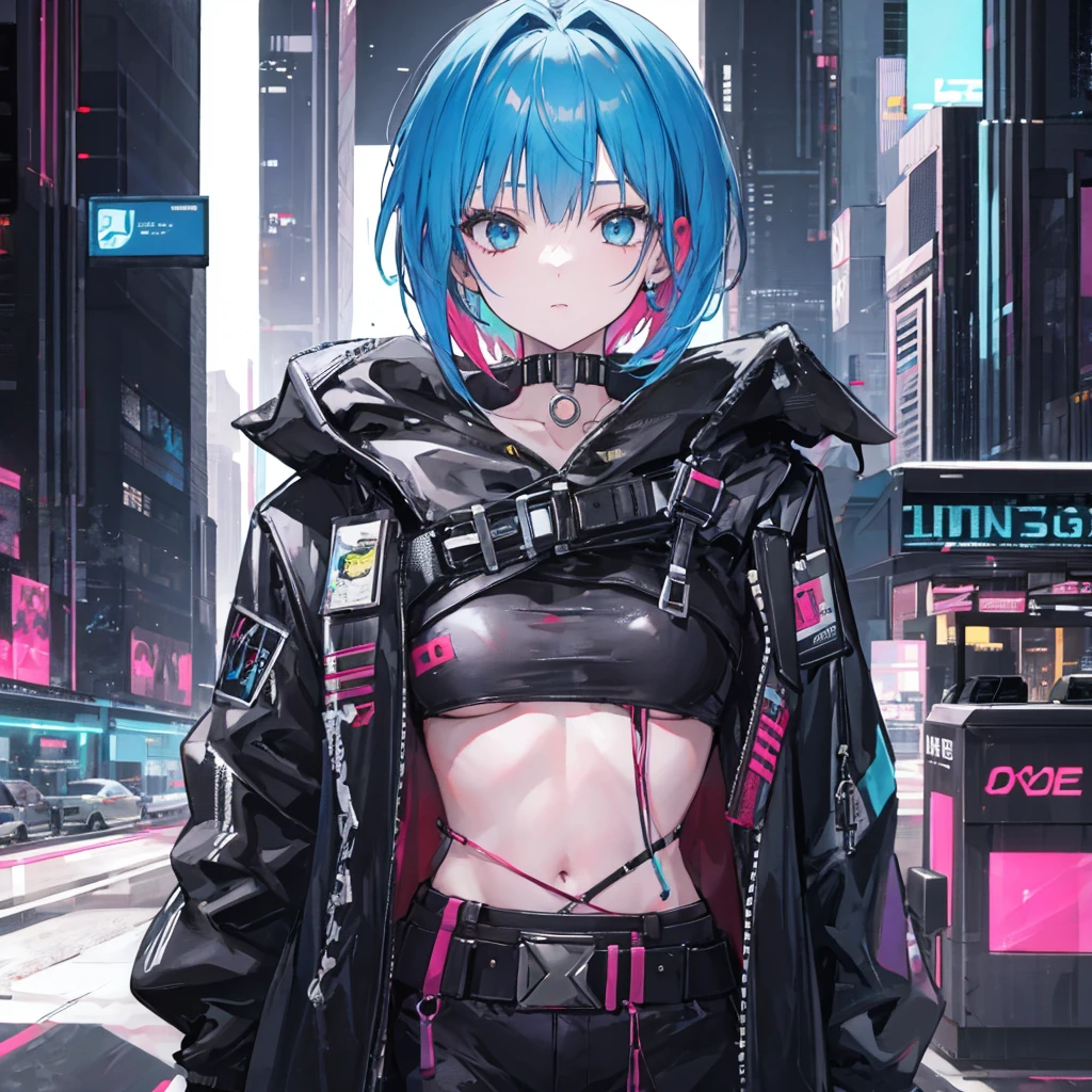Cyberpunk-style girl with blue bob hair