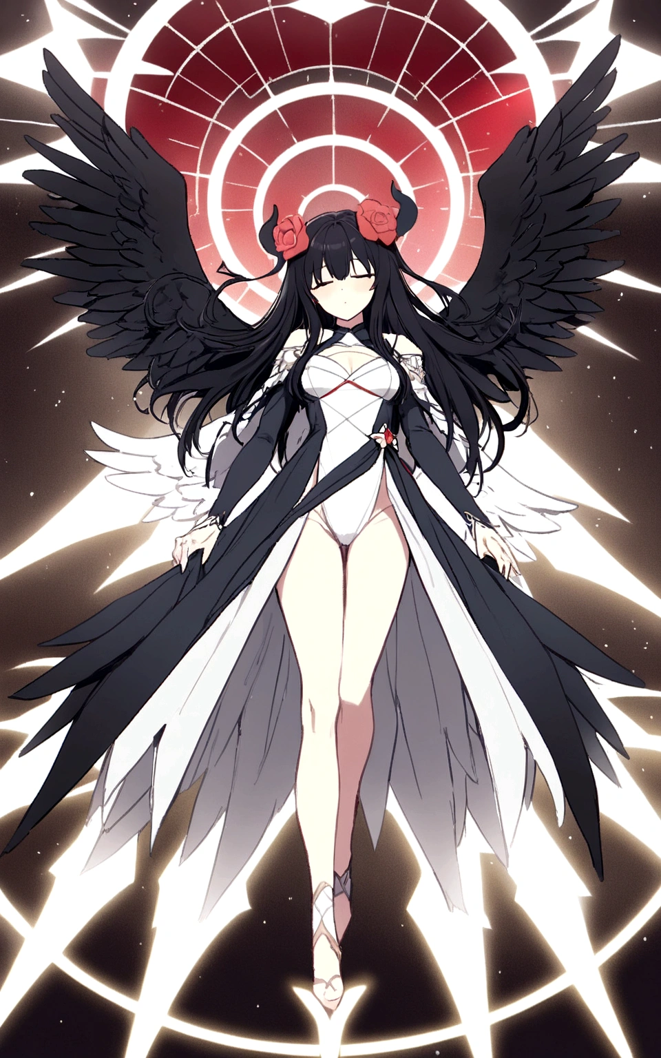 ((top quality)), ((masterpiece)), ((Ultra-detailed)), (illustration),(very delicate and beautiful),(((A fallen angel with four black wings and four white wings.))),long hair,whole body,fallen angel,(((Black hair and white half-toned hair)),female,expressionless,dark expression,Medieval fantasy dress in white and black,