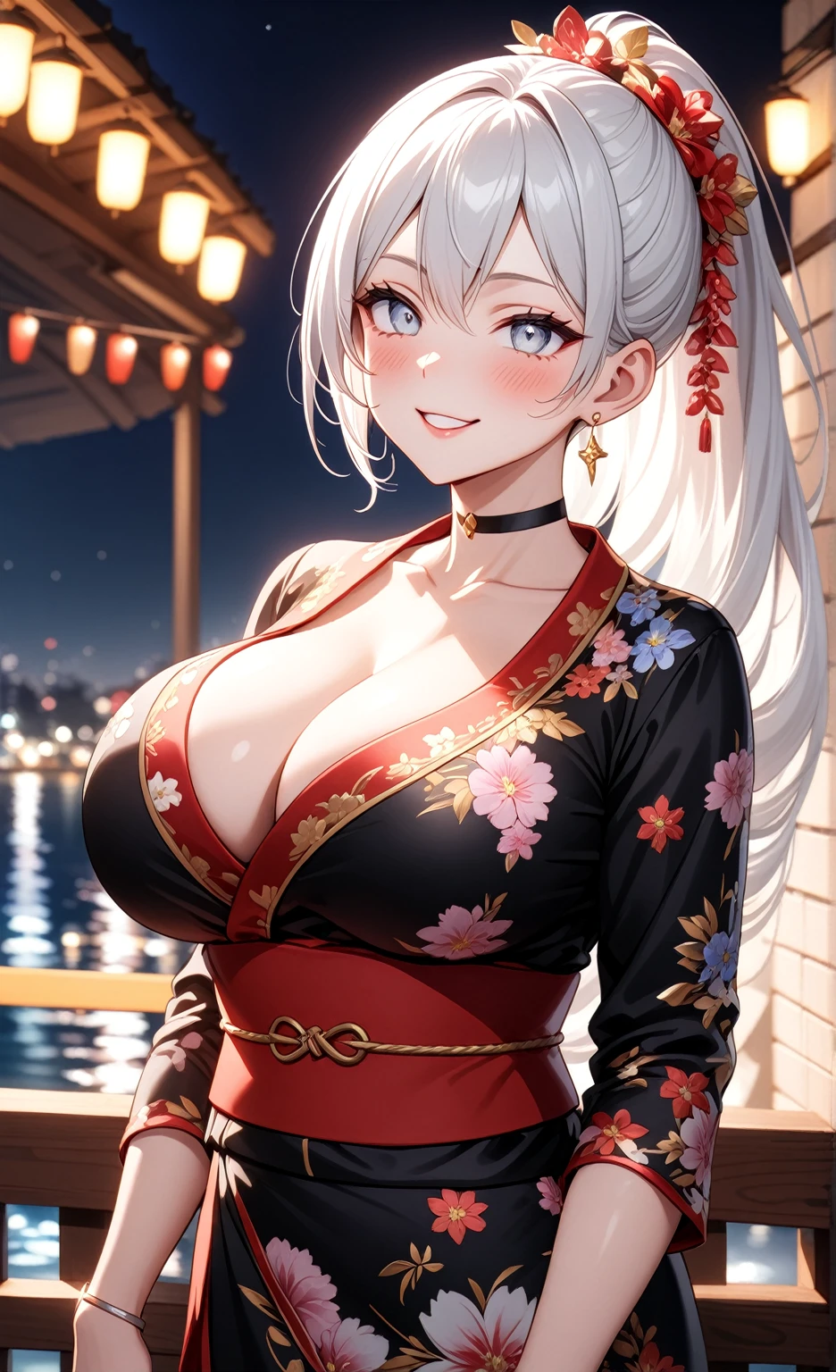 ((One personの女性)), Beautiful Face,Laughing shyly,((Wink:2.0)),Laugh with your mouth wide open((Bright red cheeks:1.4)),Glossy pink lips,night,rooftop,Festive decorations,You can see the ocean, firework,Laughing with your mouth open,Glossy pink lips,Lighting on the face,((Anime style background)),masterpiece, Highest quality, so beautiful,Latest, Complex details, (Pink long nails),(ring),(bracelet),(choker),AI-generated, Complex,High resolution, Highest quality, super high quality,3D Images、View your viewers、3D Images,One person,Long white hair,High Ponytail,(blue eyes),Anime woman posing for a photo, ((Fine grain、Silvery white colorful eyes、Shining Eyes:1.3)),(Squint your eyes:1.1),a hyperRealistic , hyperRealistic , Realistic,Anime woman with long and white hair, Smooth anime CG art, A woman in a colorful kimono with gold embroidery, (Black long sleeve kimono),Red floral pattern,Long flower hair ornament,Big earrings,Mature Body,(Big Breasts:1.1),Tall,Abdominal muscles,Narrow waist,(Zoom in on face:1.5),Shooting from below at an angle