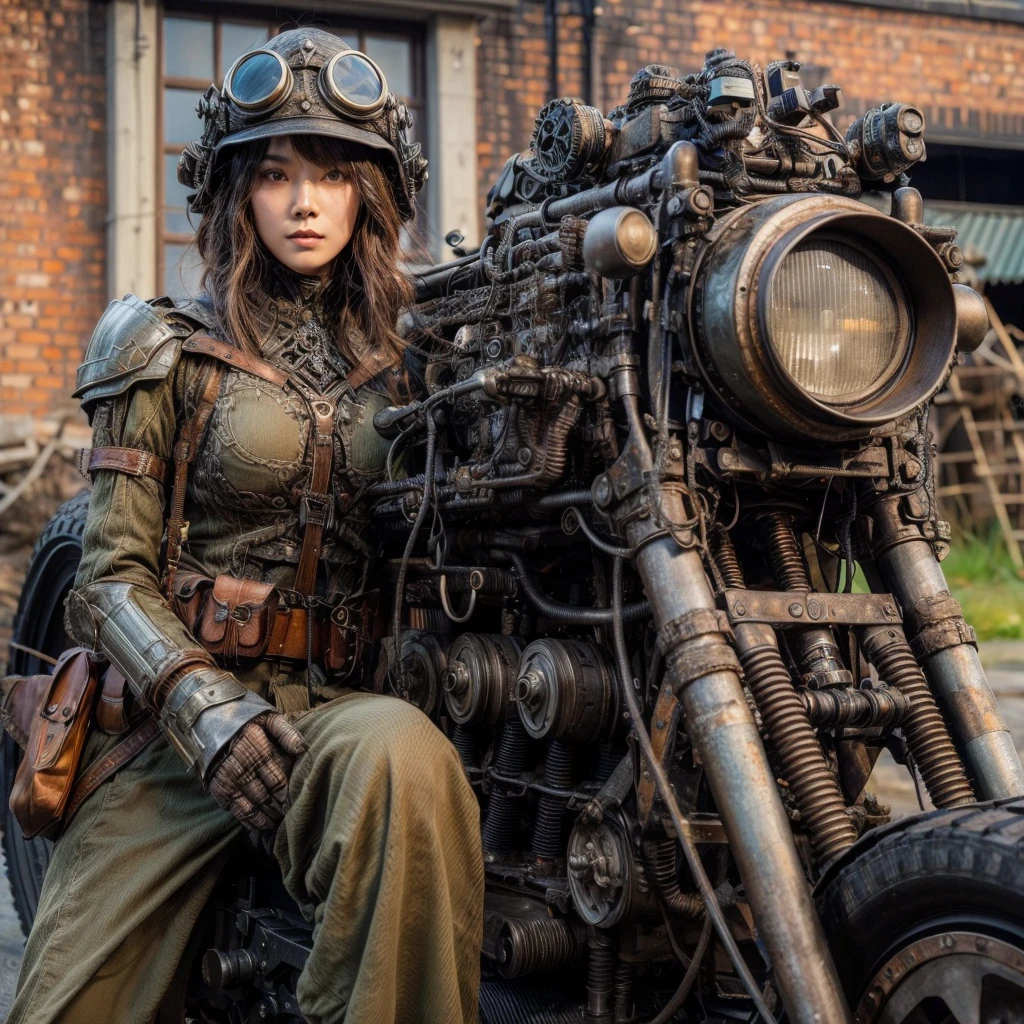 Dystopian night scene, very intricate details, Japanese woman wearing model-like armor, beautiful face, legs, cylinders that look like muscles, pose in motion, 8k, ultra high resolution, super realism, realistic photo, taken with Fuji film X-T30.+Nokton. HDR10