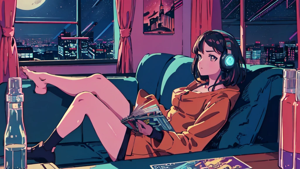 Highest quality, 4k wallpaper, masterpiece, Highly detailed CG Unity 8k wallpaper, Very fine grain, Super detailed, Intricate details, Retro art style, ((Synthwave art style)), (Girl sitting on sofa,In a cozy room,Records hanging on her wall, Comic books on the floor, Looking out the window behind her at the night city, Upholstered room, Anime figures lined up on a shelf,Wearing headphones)