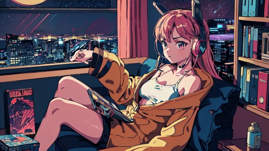 Highest quality, 4k wallpaper, masterpiece, Highly detailed CG Unity 8k wallpaper, Very fine grain, Super detailed, Intricate details, Retro art style, ((Synthwave art style)), (Girl sitting on sofa,In a cozy room,Records hanging on her wall, Comic books on the floor, Looking out the window behind her at the night city, Upholstered room, Anime figures lined up on a shelf,Wearing headphones)