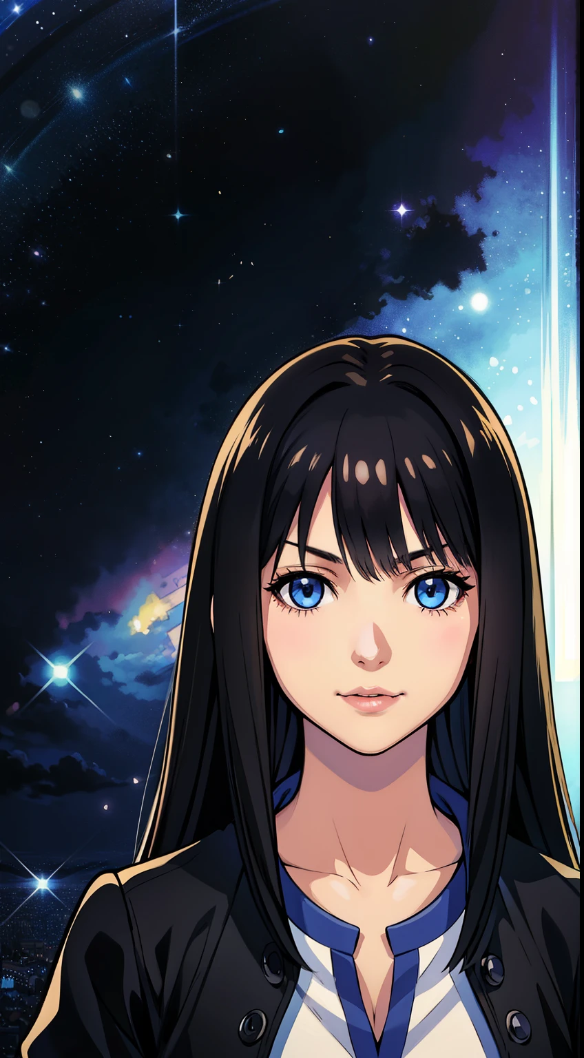 (high-quality, breathtaking),(expressive eyes, perfect face) Symmetrical Eyes, portrait, nomura tetsuya, nomura tetsuya art style, Kingdom Hearts, 1girl, female, black hair color, dark blue eye colors, hair between eyes, long hair length, neutral expression, feminine face, cute smile, black long sleeved jacket, open jacket, white shirt, black jeans, facing towards viewer, black background, official art, starry night, kingdom hearts outfit