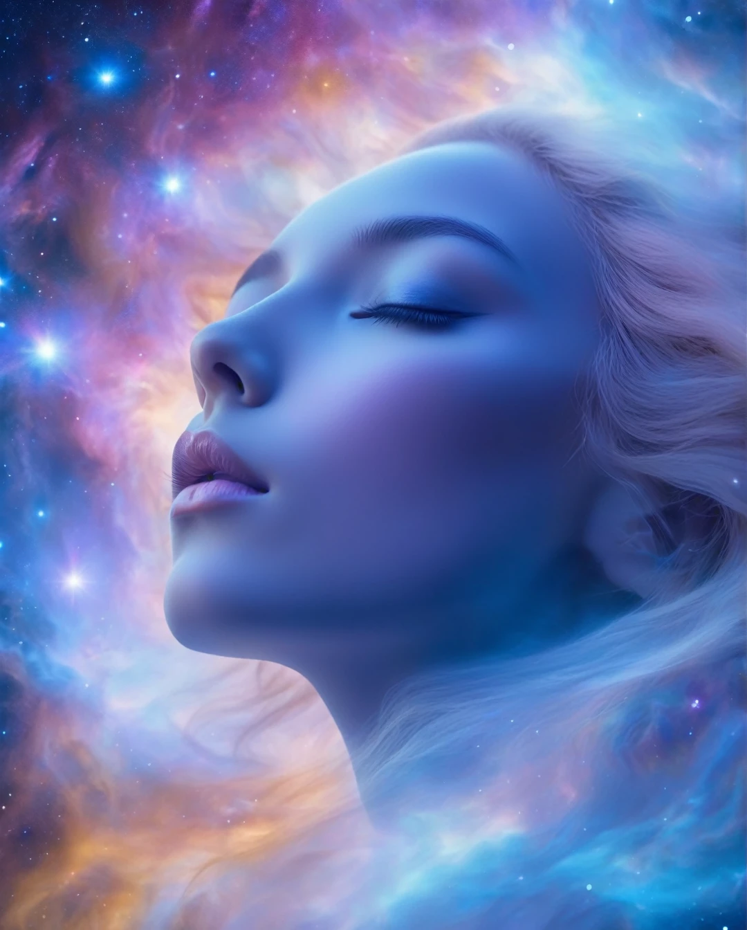 samdoesarts style a close up of a woman's face with her eyes closed, nebula background, 5 0 0 px models, soul leaving body, fourteen-dimensional, strange portrait with galaxy, images on the sales website, magic and fantasy, interconnections, dust and particles, closed eyes, ultra - high detail,galaxy00. (best quality,4k,8k,highres,masterpiece:1.2),ultra-detailed,(realistic,photorealistic,photo-realistic:1.37),alternative reality,telepathic,psychic powers,mind reading,third eye,mind bending,intense gazing,parallel universe,Yoshitaka Amano style,dreamlike,fantasy,vivid colors,soft lighting