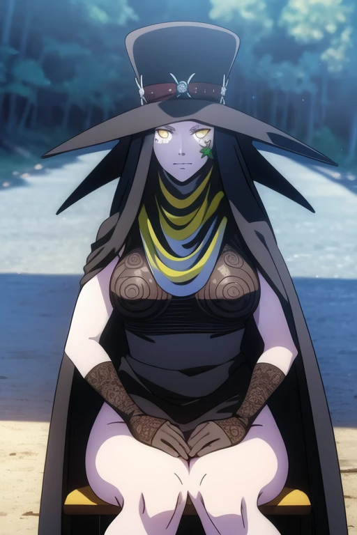 Scathach, hat, white skin, cape, shin megami tensei, gloves, black shirt, sitting, best quality, masterpiece