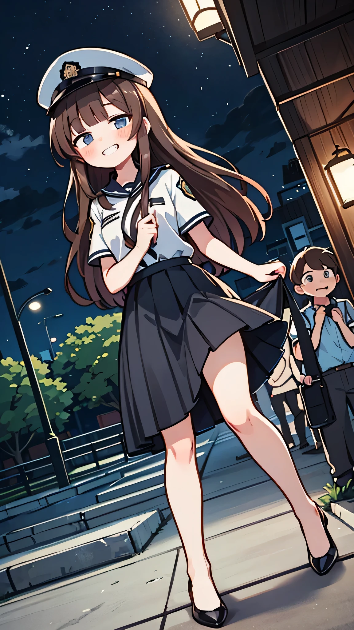 {Highest quality], [Super beautiful], [Ultra fine], [Best illustration], NSFW,Brown Hair, Hime cut, Long Hair, With bangs, girl, Uniform cap,Security uniform, Grin, blush, Slender women,Short sleeve,Long straight skirt, Adult women,walk,(Public）Night Park, diagonal,Bare feet and pumps, Plain black pumps