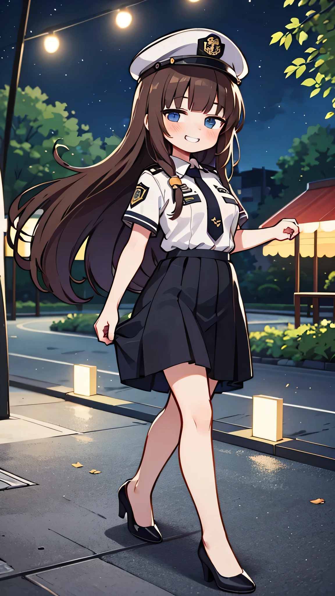 {Highest quality], [Super beautiful], [Ultra fine], [Best illustration], NSFW,Brown Hair, Hime cut, Long Hair, With bangs, girl, Uniform cap,Security uniform, Grin, blush, Slender women,Short sleeve,Long straight skirt, Adult women,walk,(Public）Night Park, diagonal,Bare feet and pumps, Plain black pumps