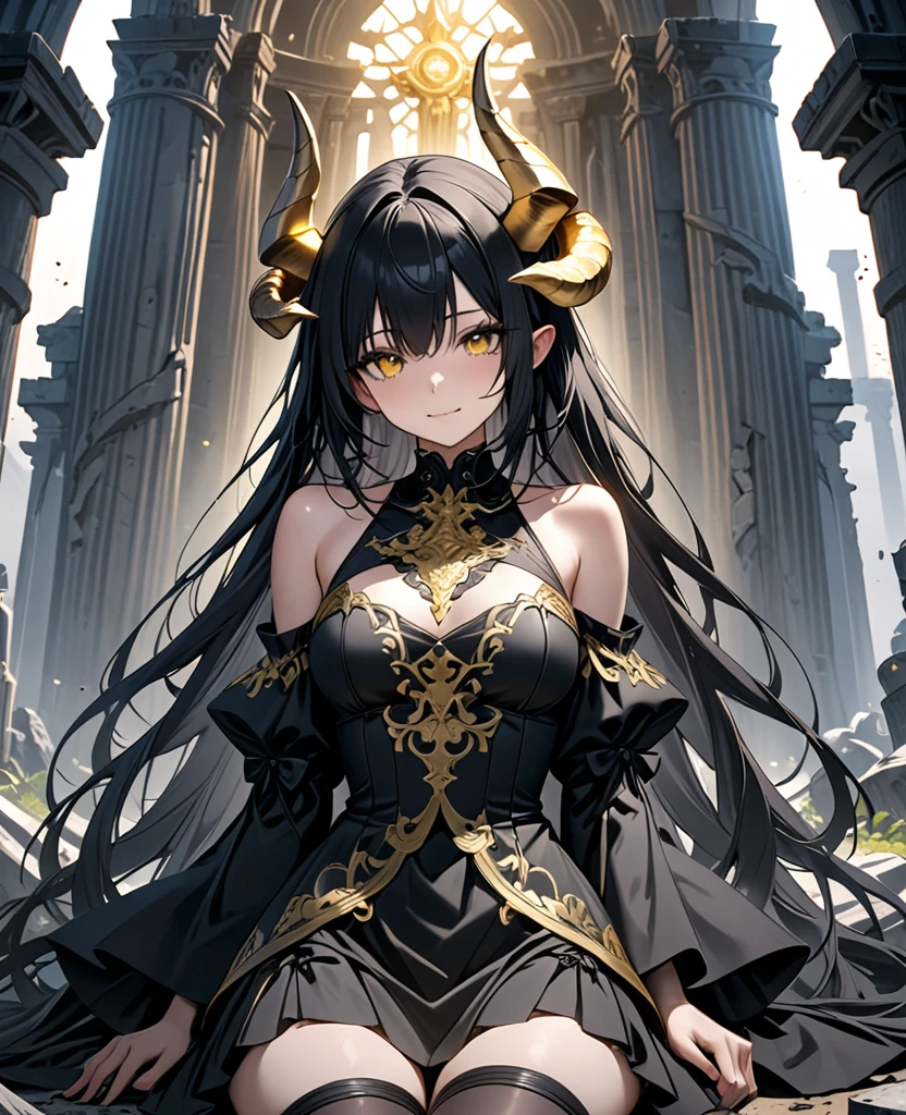 ((Fantasy,masterpiece,Highest quality,High resolution,finely)),(In front of the altar of the ancient ruins、With a nihilistic smile、Leaning on a giant battle axe that was sunk into the ground、A beautiful girl with long black hair and golden eyes,Two dragon horns growing from his head),Shoulders are exposed,Black gothic lolita costume with gold embroidery,Composition from the upper body up,The presence of an absolute champion
