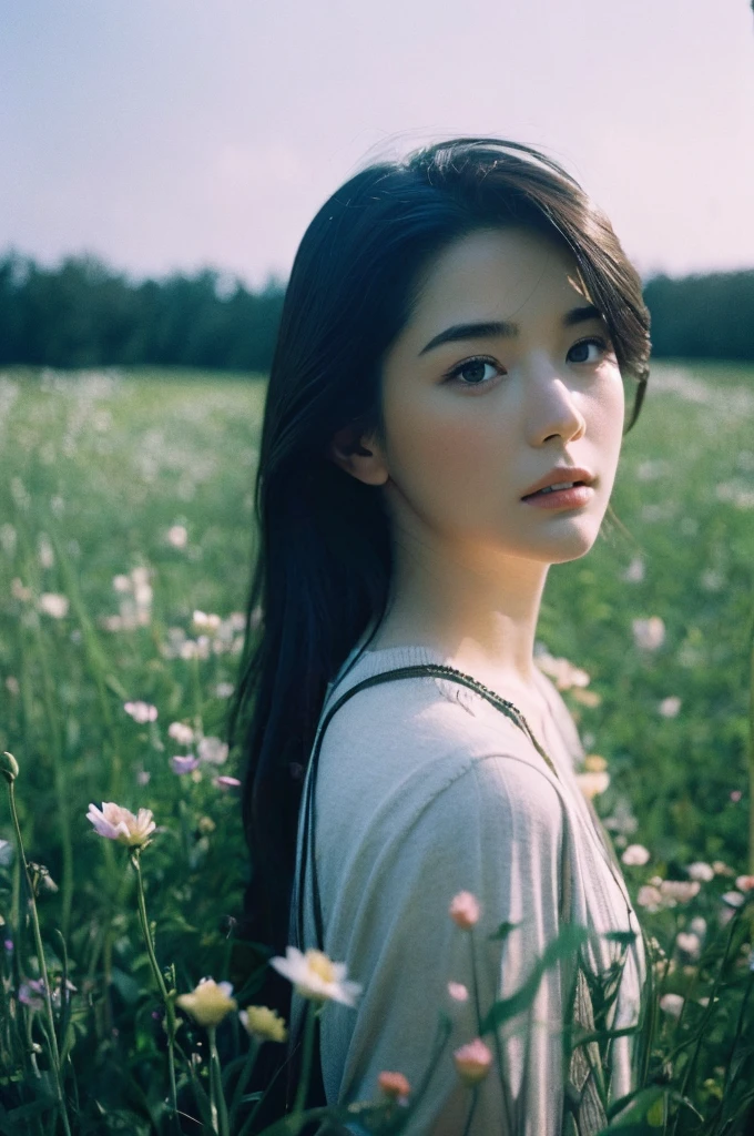 a beautiful young woman in a field of flowers, natural lighting, cinematic, dreamy, nostalgic, film grain, shallow depth of field, soft colors, warm tones, (best quality,4k,8k,highres,masterpiece:1.2),ultra-detailed,(realistic,photorealistic,photo-realistic:1.37),cinematic lighting,film photography,medium format,35mm film,analog photography,moody,atmospheric,romantic,ethereal