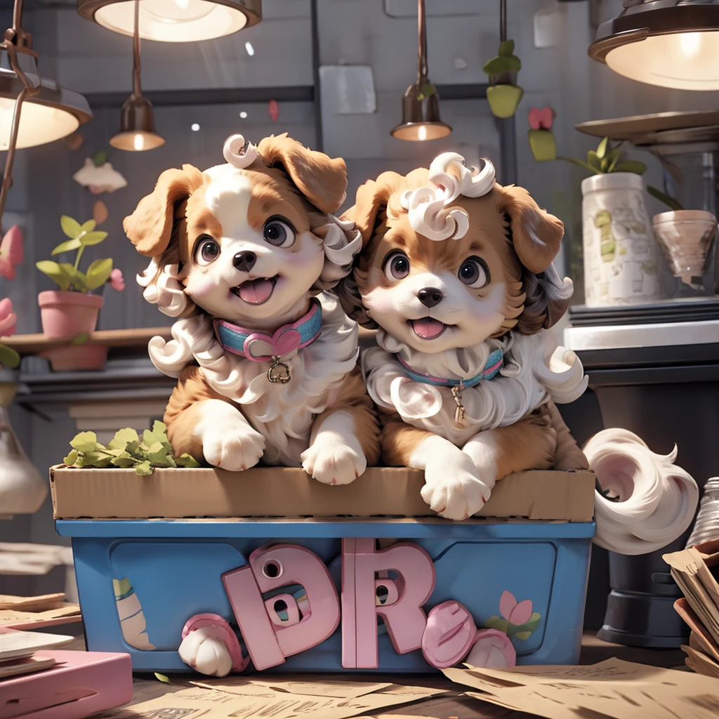 Inside the pet shop、A poodle puppy in a box on top of a cash register