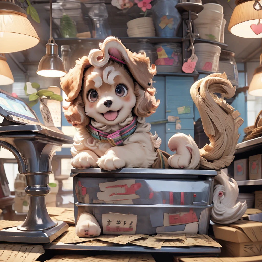 Inside the pet shop、A poodle puppy in a box on top of a cash register