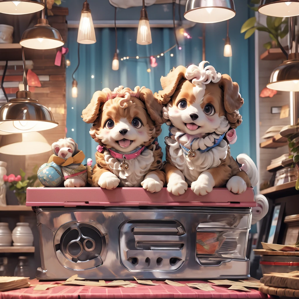 Inside the pet shop、A poodle puppy in a box on top of a cash register
