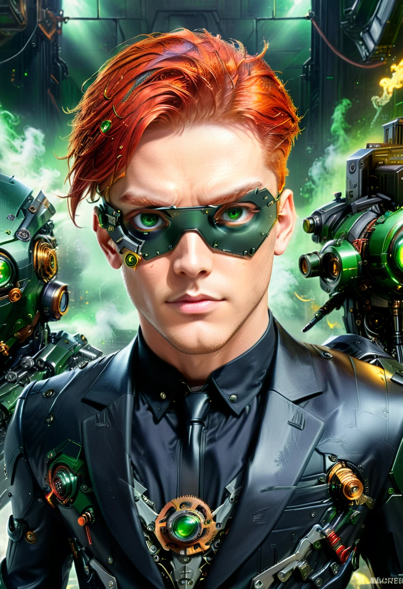 Arafed a picture of a human male spy, wearing dark suit, wearing ((mecha eye patch)), ((eye patch covering only one eye: 1.5))exquisite beautiful male, red hair, short hair, green eyes, ((the eye patch has intricate mechanical part in it: 1.4)), high society gala event background, (Masterpiece: 1.5), 16k, highres, best quality, high details, ultra detailed, masterpiece, best quality, (extremely detailed), Mechanical Creatures