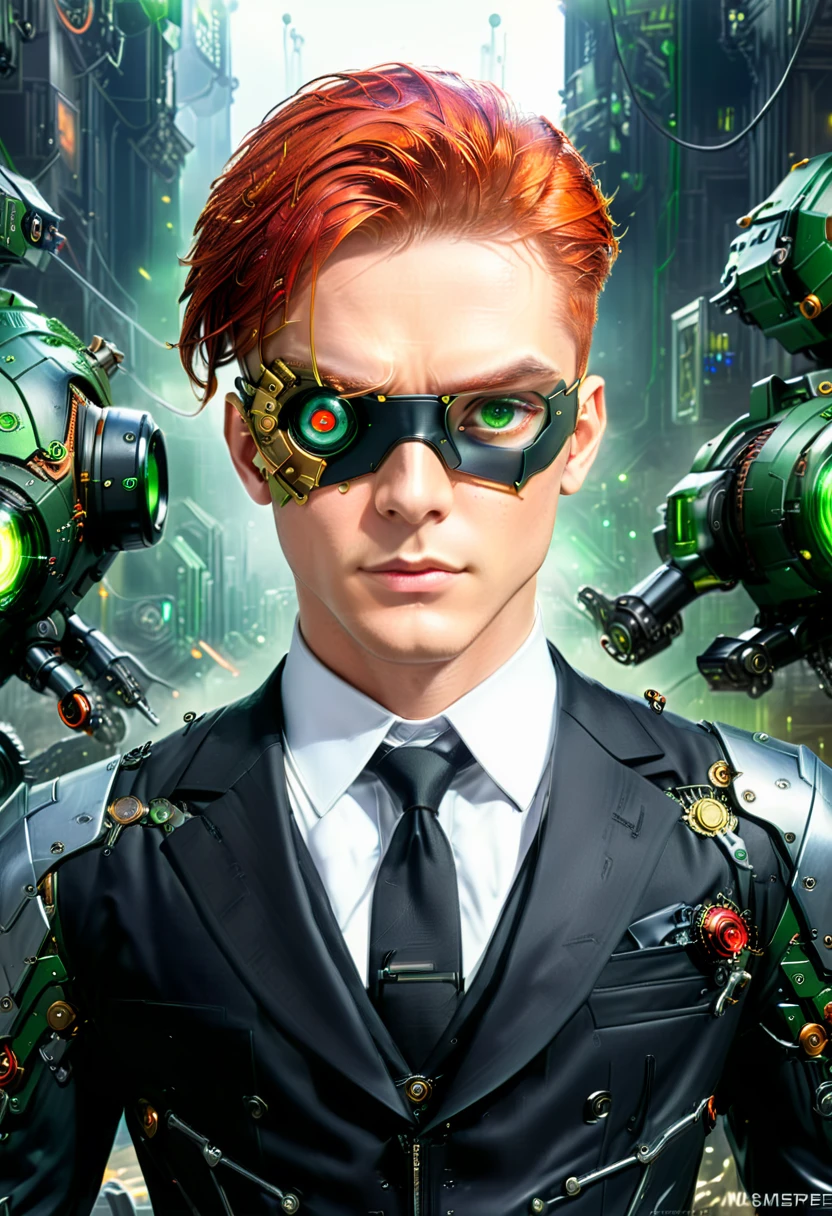 Arafed a picture of a human male spy, wearing dark suit, wearing ((mecha eye patch)), ((eye patch covering only one eye: 1.5))exquisite beautiful male, red hair, short hair, green eyes, ((the eye patch has intricate mechanical part in it: 1.4)), high society gala event background, (Masterpiece: 1.5), 16k, highres, best quality, high details, ultra detailed, masterpiece, best quality, (extremely detailed), Mechanical Creatures