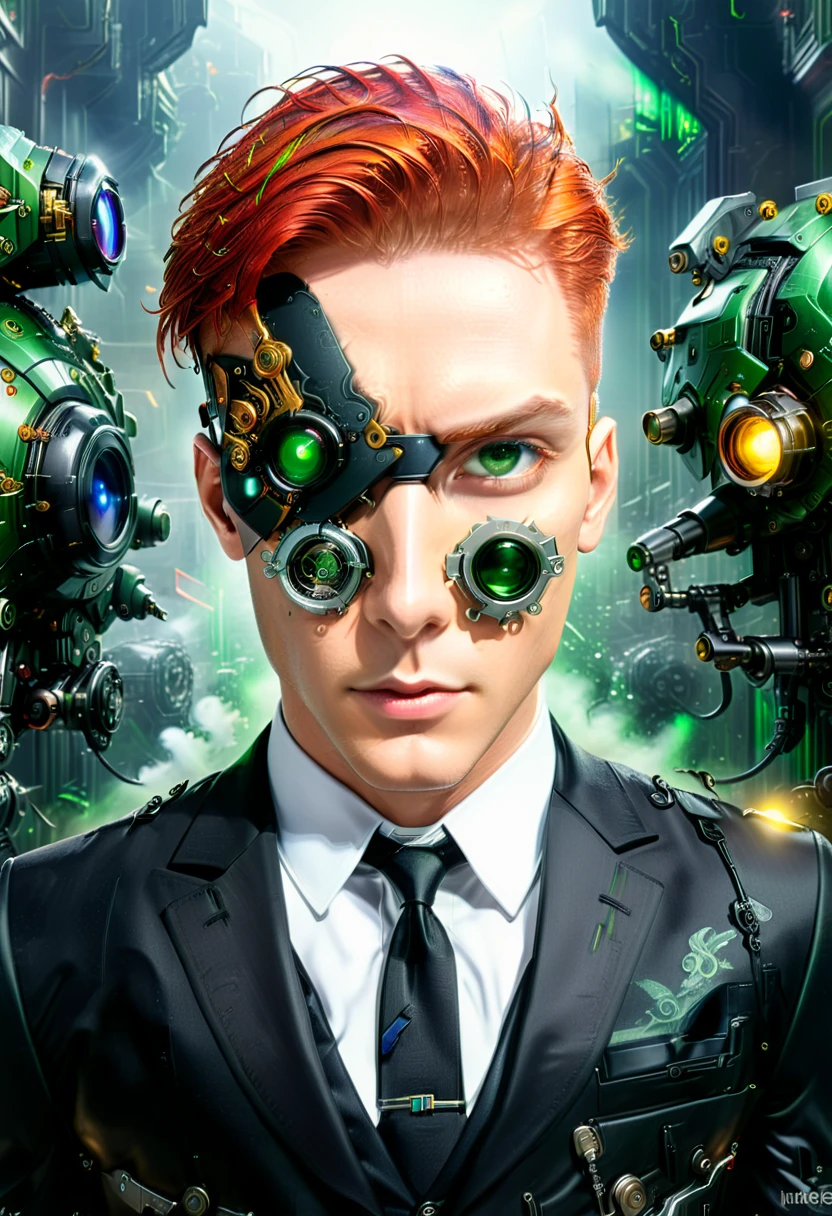 Arafed a picture of a human male spy, wearing dark suit, wearing ((mecha eye patch)), ((eye patch covering only one eye: 1.5))exquisite beautiful male, red hair, short hair, green eyes, ((the eye patch has intricate mechanical part in it: 1.4)), high society gala event background, (Masterpiece: 1.5), 16k, highres, best quality, high details, ultra detailed, masterpiece, best quality, (extremely detailed), Mechanical Creatures