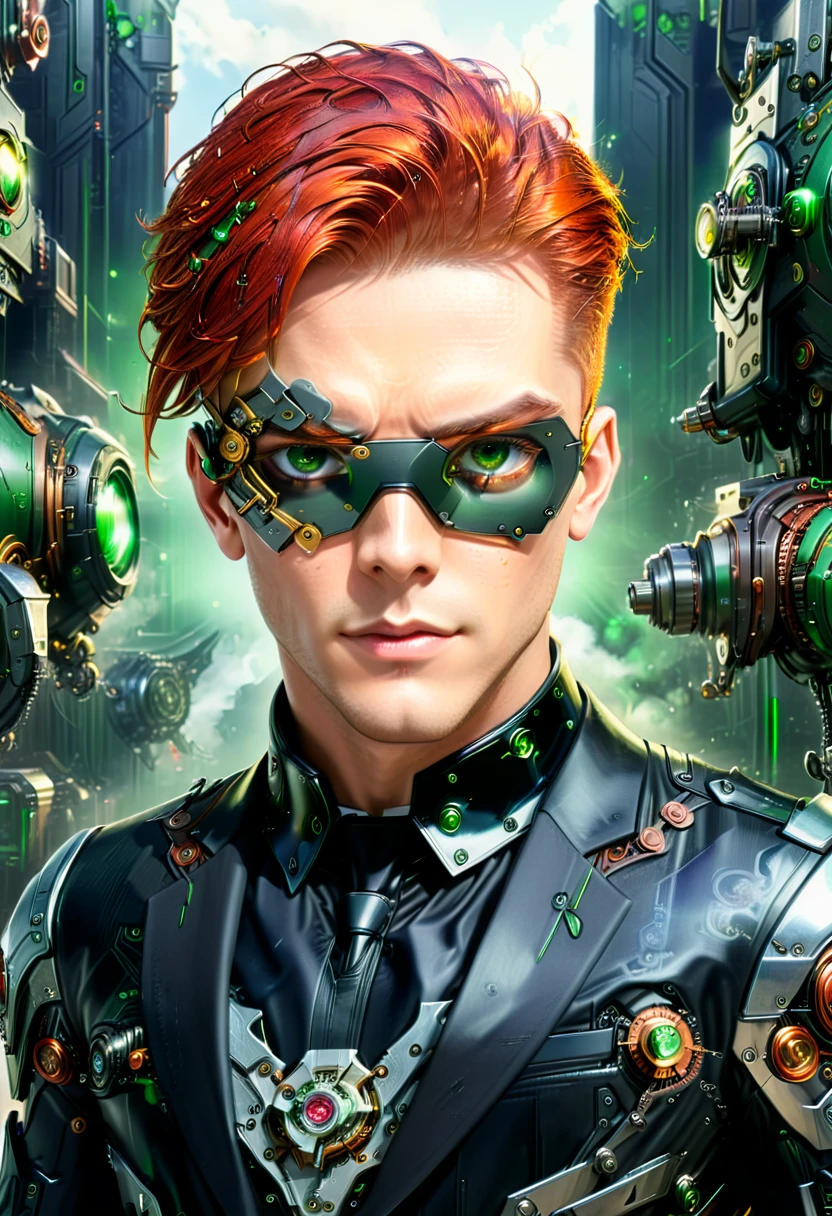 Arafed a picture of a human male spy, wearing dark suit, wearing ((mecha eye patch)), ((eye patch covering only one eye: 1.5))exquisite beautiful male, red hair, short hair, green eyes, ((the eye patch has intricate mechanical part in it: 1.4)), high society gala event background, (Masterpiece: 1.5), 16k, highres, best quality, high details, ultra detailed, masterpiece, best quality, (extremely detailed), Mechanical Creatures