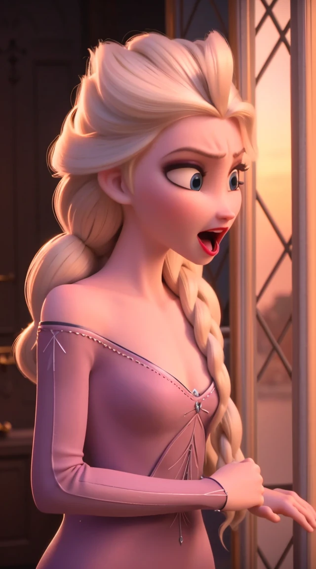 A beautiful, elegant long hair sings angry mouth