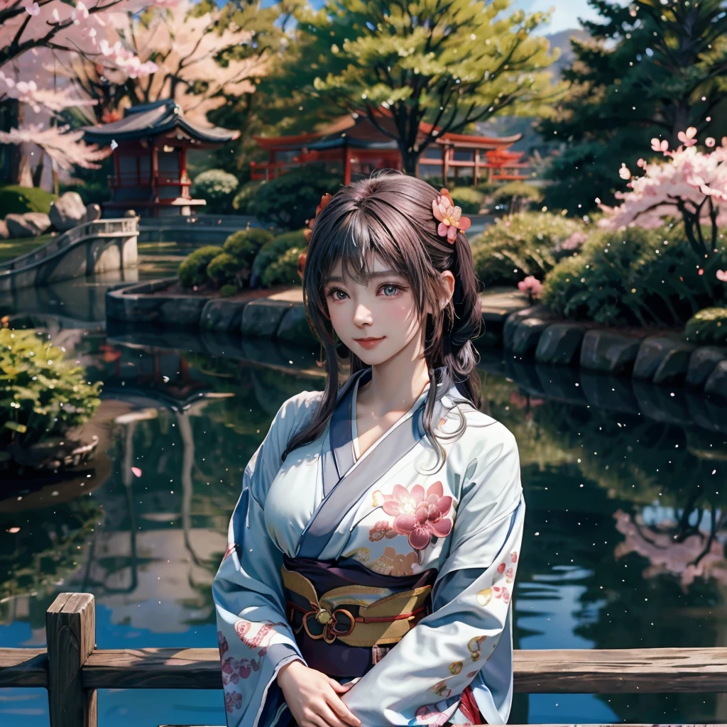 A stunningly beautiful Japanese girl stands gracefully in a tranquil Japanese garden, her long, silky black hair flowing elegantly down to her waist. She is adorned in a luxurious orange kimono, intricately decorated with delicate floral patterns and shimmering gold embroidery that catches the light with every subtle movement. The kimono's vibrant hue contrasts beautifully with the lush greenery and delicate pink cherry blossoms that frame the sceneHer delicate porcelain skin glows with a soft, natural radiance, highlighting her serene and captivating features. Her almond-shaped eyes, deep and expressive, are framed by long, dark lashes and subtly accented by a hint of traditional makeup, reflecting both mystery and serenity. Her lips, a soft shade of pink, are slightly parted in a gentle, knowing smile that exudes grace and elegance.The garden around her is a haven of tranquility and beauty, with meticulously manicured bonsai trees, a gently flowing stream, and a quaint wooden bridge arching over the water. The air is filled with the sweet scent of cherry blossoms in full bloom, their petals drifting softly to the ground like a delicate pink snowfall.The scene is rendered in breathtakingly realistic 4K (or 8K) resolution, capturing every exquisite detail with stunning clarity. The texture of the kimono fabric, the intricate embroidery, and the natural beauty of her serene expression are all depicted with lifelike precision. The soft glow of her flawless skin, the delicate play of light and shadow, and the vibrant colors of the garden create a harmonious and captivating visual experience.In this serene and timeless setting, the beautiful Japanese girl embodies the essence of traditional elegance and cultural heritage, inviting the viewer to lose themselves in the enchanting world of Japanese beauty and artistry."