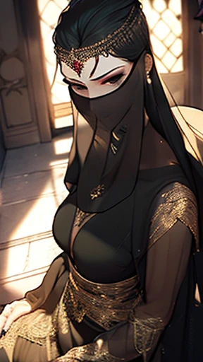 Mature Woman,(((Female fortune teller))),(((A veil covering the mouth)),High heels,stockings),(Detailed Description, High resolution，8k wallpaper，masterpiece，Highest quality,Depth of region,Anatomically accurate depiction,A face with attention to detail, Eye for detail,Hollow Eyes,Nice hands, Perfect Fingers),((A seductive smile)), (From above:1.1),eyelash, Beautiful Eyes,Crystal Jadeフォーカス),Perfect body, Thick thighs, Wide Hips,Mysterious Lips,Shadow,Villainess,There is cleavage in the chest,background：Inside the church,Sitting in a chair,Crystal Jade