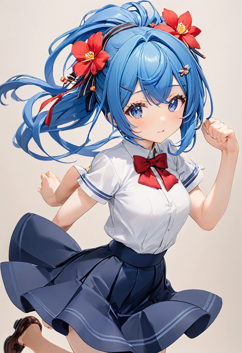 Blue Hair,Double low ponytail,Ponytail with red flower hairpin,Navy blue,skirt,Red bow tie
