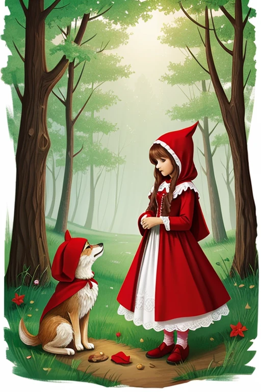 A girl in a red cloak, littleredridinghood, big bad wolf, littleredridinghood, The girl carries a basket of fruits. classic children's illustration, littleredridinghood, Big Gray Wolf, littleredridinghood, The wolf threatens the girl, , storybook illustrations, richard scarry, storybook illustrations, a fairy tale illustration, Storybook art, Pol Jack Davis, storybook illustrations, Maurice Sendak, , A detailed,
