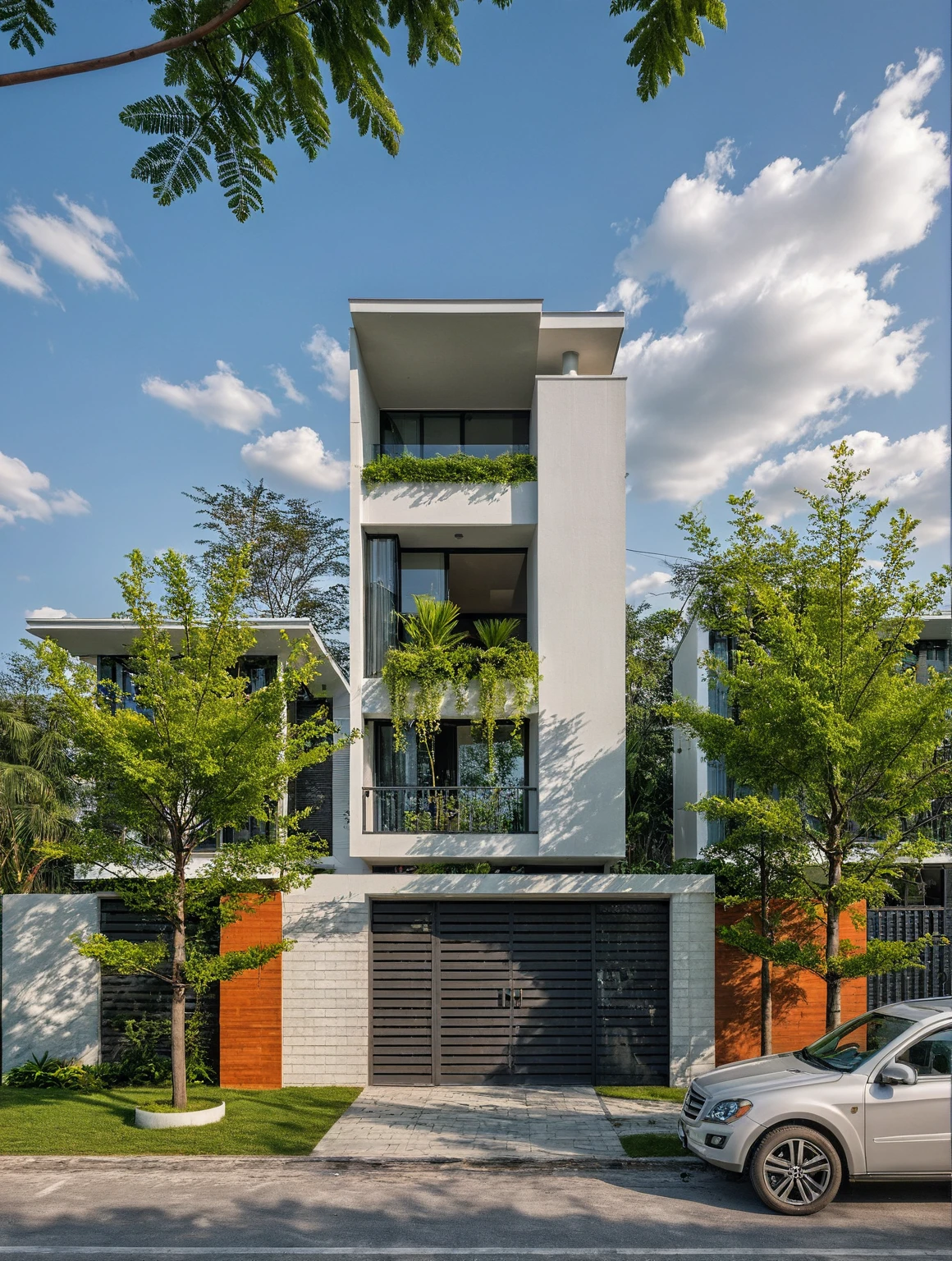 Masterpiece, high quality, best quality, authentic, realistic scene, super detail, outdoors, house on the street, white wall, electric power pole, glass window, steel gate, road, pavement, grass, trees, sky, cloud, car (daylight:1.1)