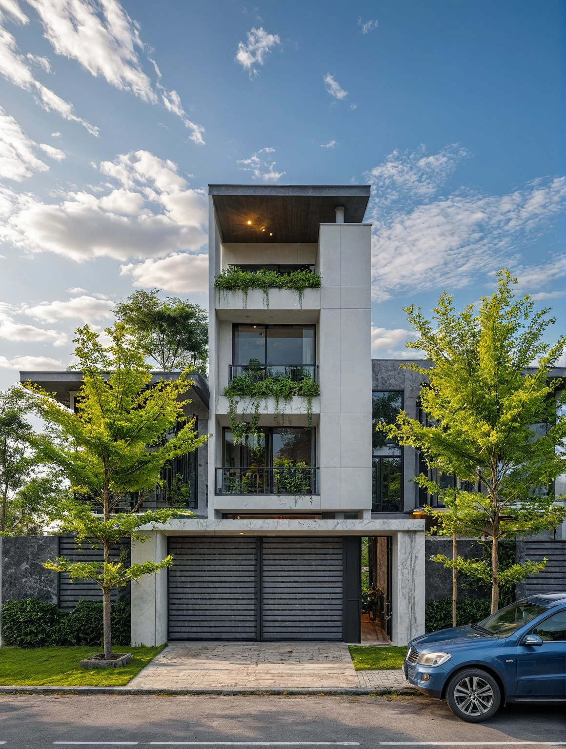 Masterpiece, high quality, best quality, authentic, realistic scene, super detail, outdoors, house on the street, white wall, electric power pole, glass window, steel gate, road, pavement, grass, trees, sky, cloud, car (daylight:1.1)