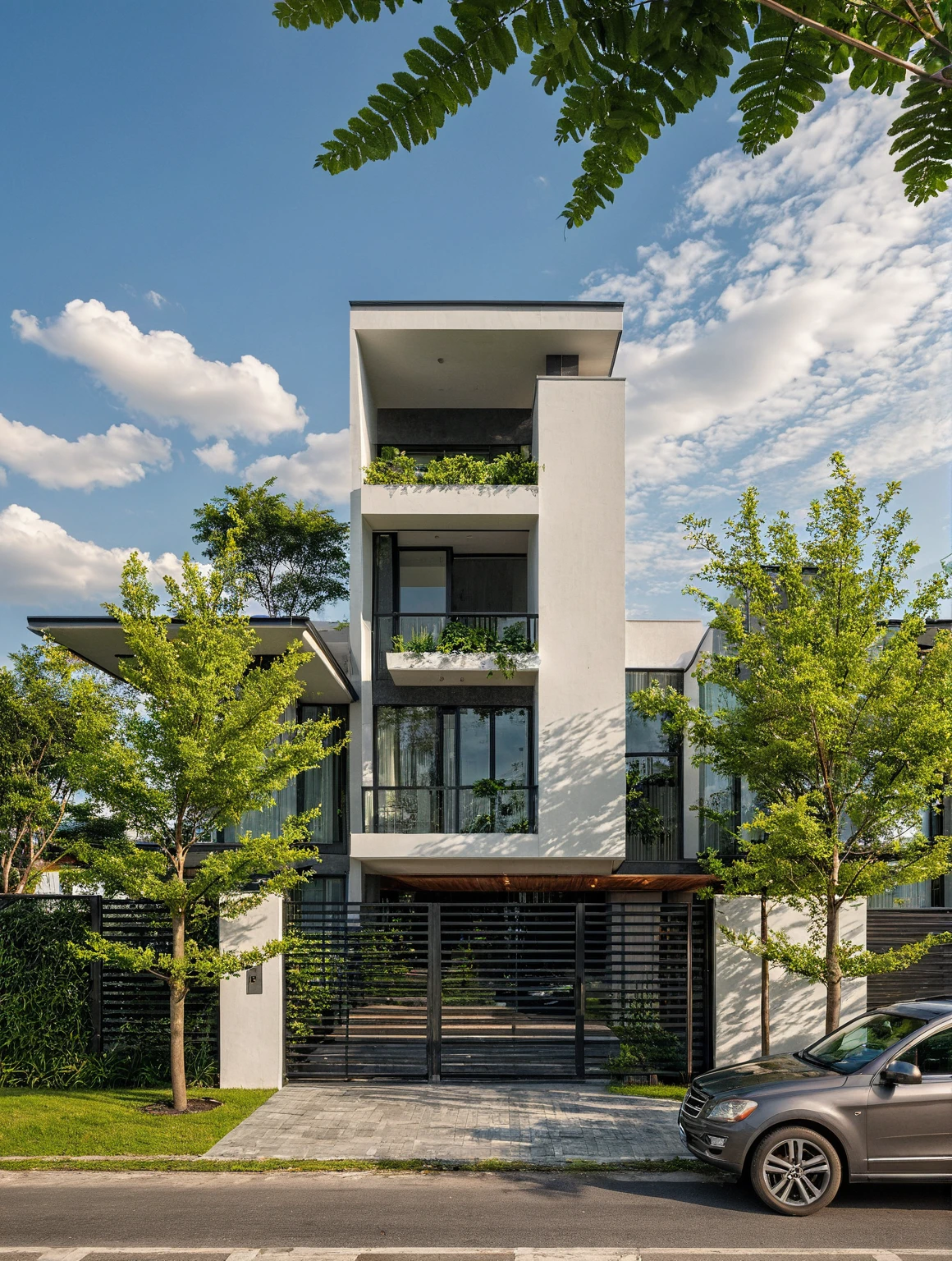 Masterpiece, high quality, best quality, authentic, realistic scene, super detail, outdoors, house on the street, white wall, electric power pole, glass window, steel gate, road, pavement, grass, trees, sky, cloud, car (daylight:1.1)