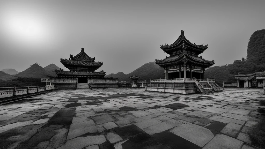 Deathism, , inauspicious, fear, drama, atmosphere, High Detail, Zoom out, Long distance shooting of darkness,Across the Sea。Over the sea,Only those ancient temples shine,There is a divine rainbow connecting them,Build into a road。besides,Nothing to see,Even the sea boundary is out of sight.,Pitch black as ink,Even if you have the eyes of heaven, it is difficult to see through all that。Jieyin Ancient Temple,Holy Brilliance,Leading to darkness。