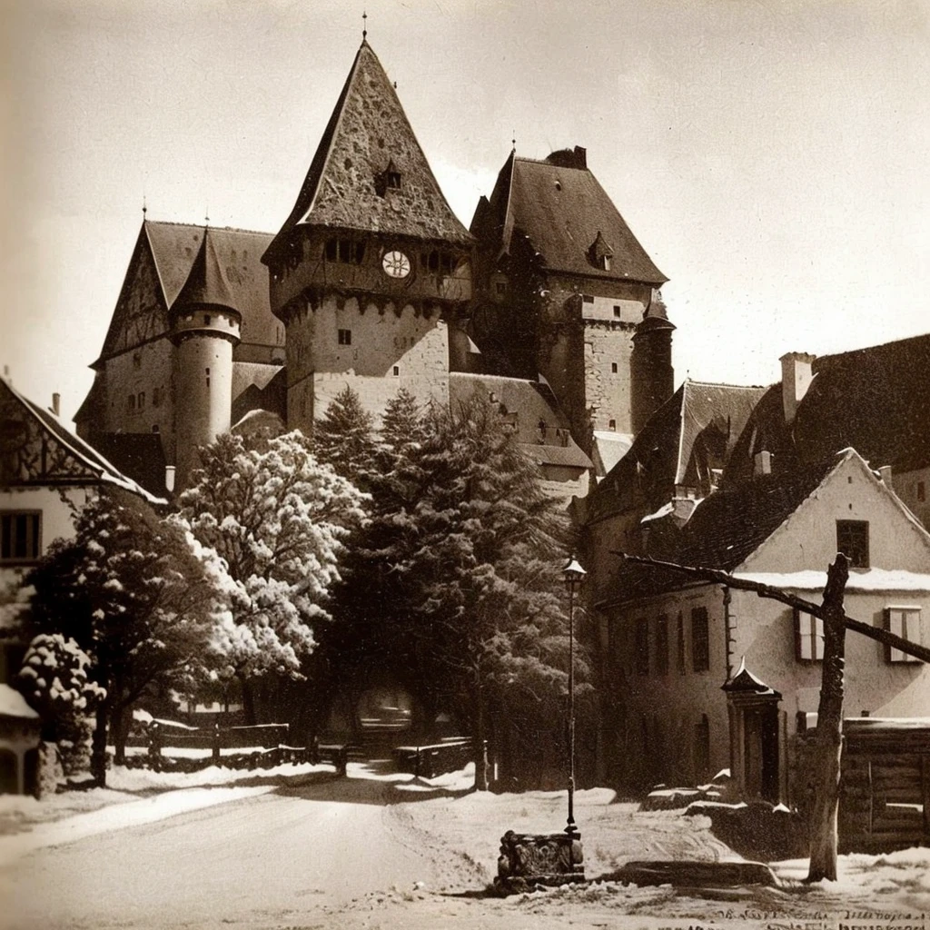 There is a black and white photo of a castle with a horse, historisches Bild, by Joseph Brandt, by Rudolf Freund, by Sigmund Freudenberger, by Albert Keller, by Rudolf Schlichter, Transylvanian castle, historische Fotografie, alte Burg, by Aladár Körösfői-Kriesch