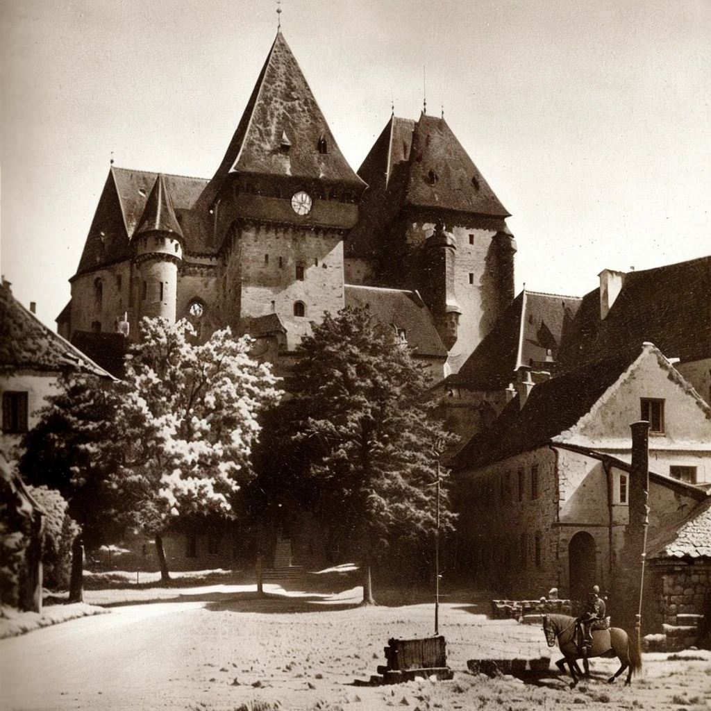 There is a black and white photo of a castle with a horse, historisches Bild, by Joseph Brandt, by Rudolf Freund, by Sigmund Freudenberger, by Albert Keller, by Rudolf Schlichter, Transylvanian castle, historische Fotografie, alte Burg, by Aladár Körösfői-Kriesch