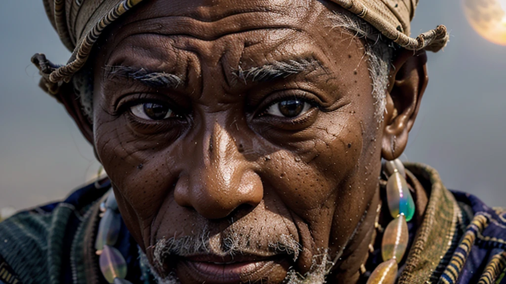 close up photo, close up photo  An elderly, African sage under a full moon, his face highlighted with translucent rainbow hues, telling stories of the past and future, intertwining fate with diversity, close up photo