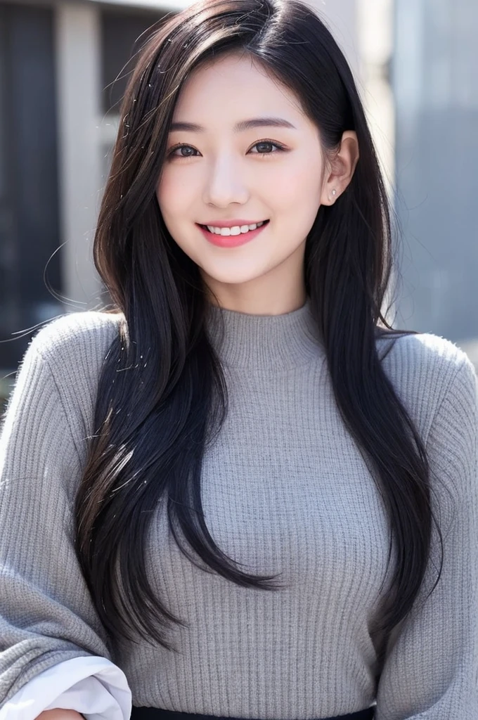 22-year-old girl, with gray eyes, pale white skin, slim figure, smiling, black hair, fashionable, photo taken with an ultra-realistic professional camera