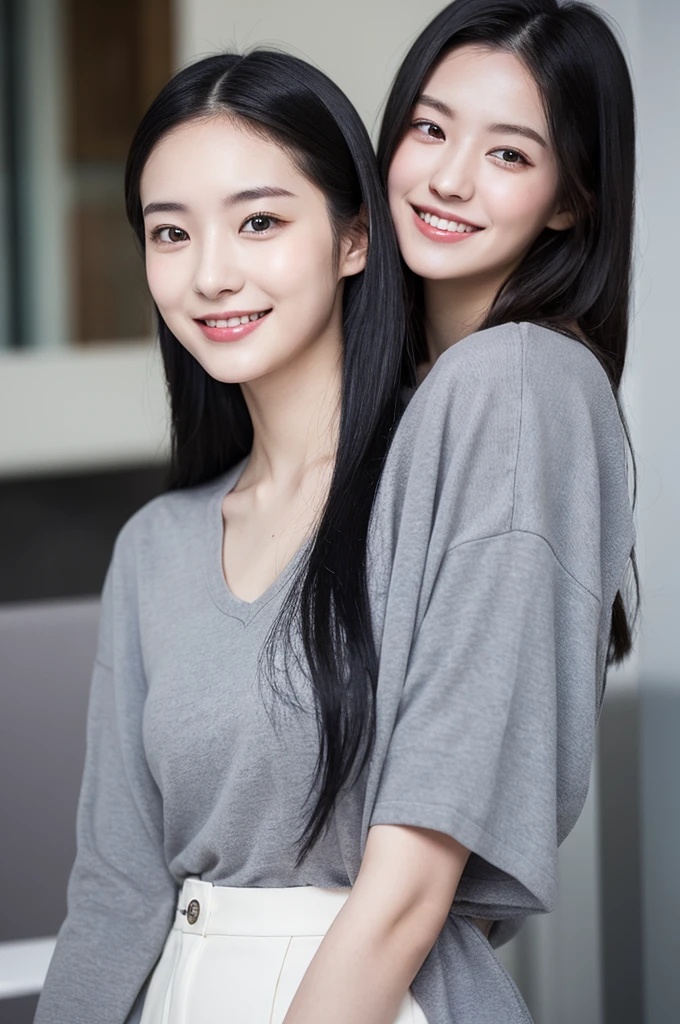 22-year-old girl, with gray eyes, pale white skin, slim figure, smiling, black hair, fashionable, photo taken with an ultra-realistic professional camera