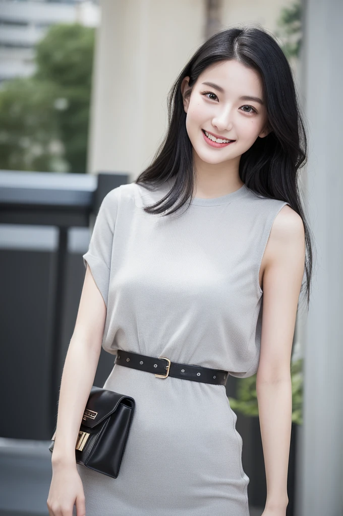22-year-old girl, with gray eyes, pale white skin, slim figure, smiling, black hair, fashionable, photo taken with an ultra-realistic professional camera