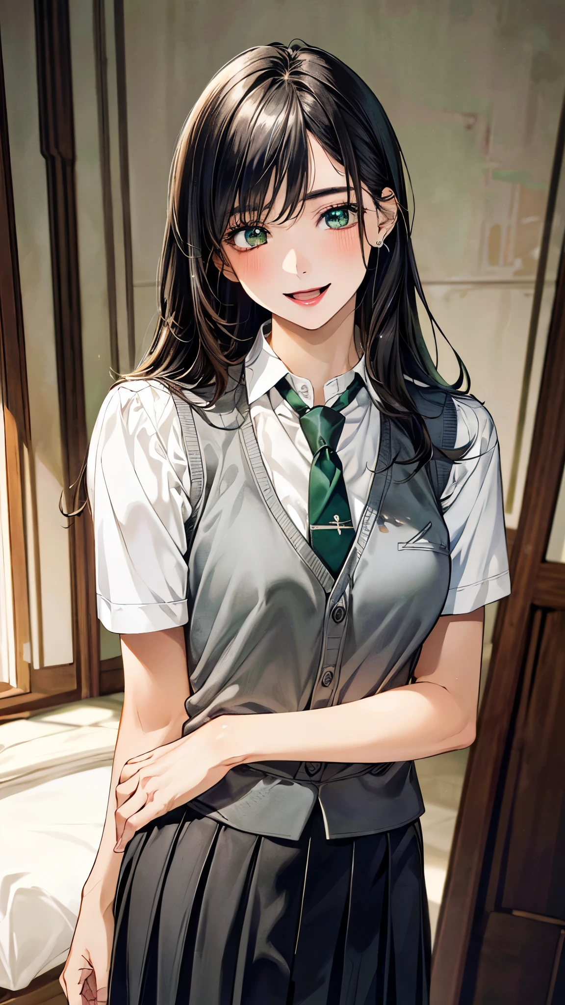 (masterpiece:1.3, top-quality, ultra high res, ultra detailed), (realistic, photorealistic:1.4), beautiful illustration, perfect lighting, natural lighting, colorful, depth of fields, ,
beautiful detailed hair, beautiful detailed face, beautiful detailed eyes, beautiful clavicle, beautiful body, beautiful chest, beautiful thigh, beautiful legs, beautiful fingers, shiny skin, 
looking at viewer, 1 girl, high school girl, (perfect anatomy, anatomically correct, super detailed skin), cute and symmetrical face, babyface, perfect face, perfect eyes, , 
(long hair:1.4, straight hair:1.2, black hair), swept bangs, emerald green eyes, big eyes, drooping eyes, long eye lasher, (medium breasts, seductive thighs), slender, skin dendation, 
detailed cloth texture, break, (short sleeve white collared shirt), break, (light grey vest:1.2), break, (grey pleated skirt), break, yellow tie, break, 
(beautiful scenery), summer, evening, (girl's room:1.2), standing, hands on chest, (happy smile, open mouth small), 