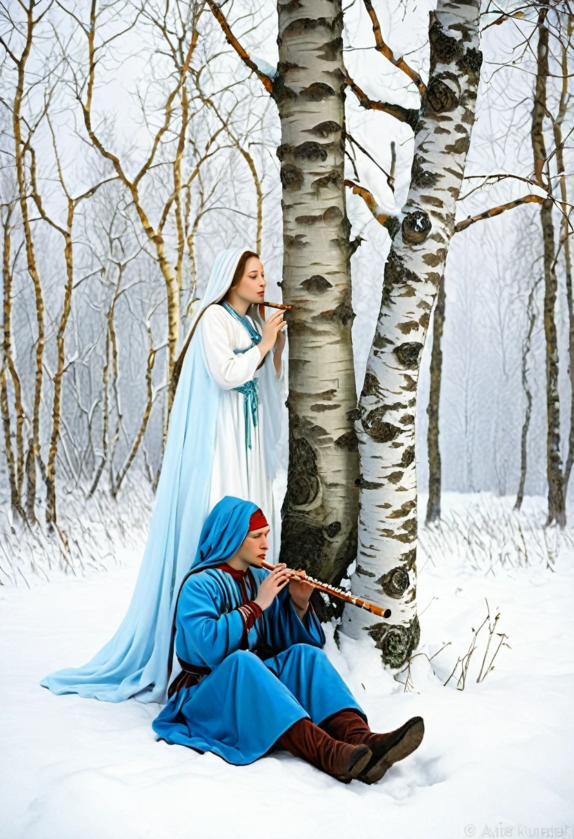 picture of a young man sitting by a tree and playing a flute, a woman hiding behind a birch tree, Lel and the Snow Maiden, fantasy Proto-Slavic mythology, Slavic mythology, Slavic folk tale, Tuomas Korpi and Vlop, by Otakar Kubin, Alexander Ivanov, Alexander Kucharski, Andrei Ryabushkin, Laszlo Balogh, Lel and the Snow Maiden, author Otakar Kubin.