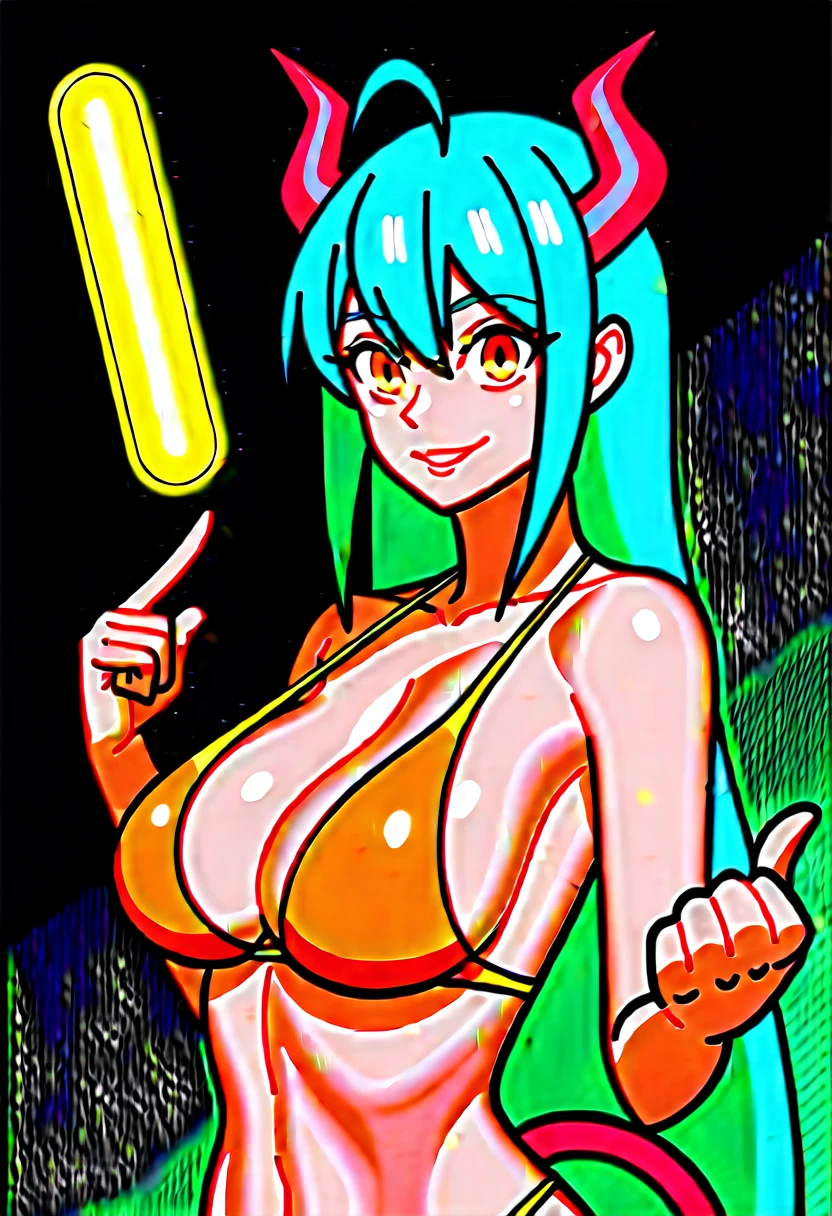 score_9, score_8_up, score_7_up,1 daemon woman, straight demon horns, (black horns),(upward-pointing horns) , vertical horns, black demon tail, (aquamarine hair),aquamarine green color hair,ahoge, long hair, (long hair),bangs, light orange bikini,bikini is orange, bikini orange, orange bikini!, (orange eyes), background is spaceship, orange eyes, 1woman ,facing viewer, daemon girl, bubbles, tube, close up,Well-endowed, alone,Spacecraft interior