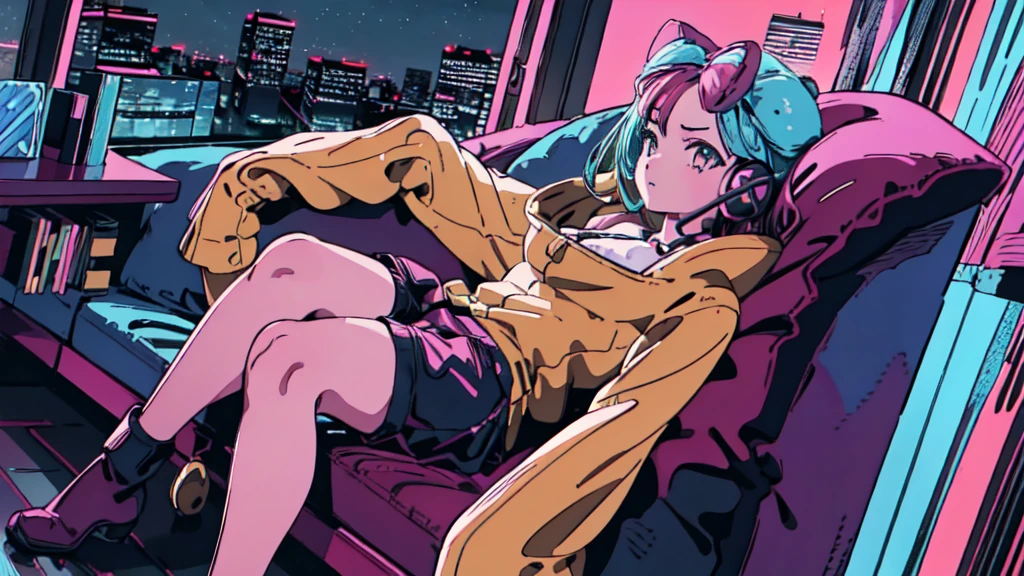 Highest quality, 4k wallpaper, masterpiece, Highly detailed CG Unity 8k wallpaper, Very fine grain, Super detailed, Intricate details, Retro art style, ((Synthwave art style)), (Girl sitting on sofa,In a cozy room,Records hanging on her wall, Comic books on the floor, Looking out the window behind her at the night city, Upholstered room, Anime figures lined up on a shelf,Wearing headphones)