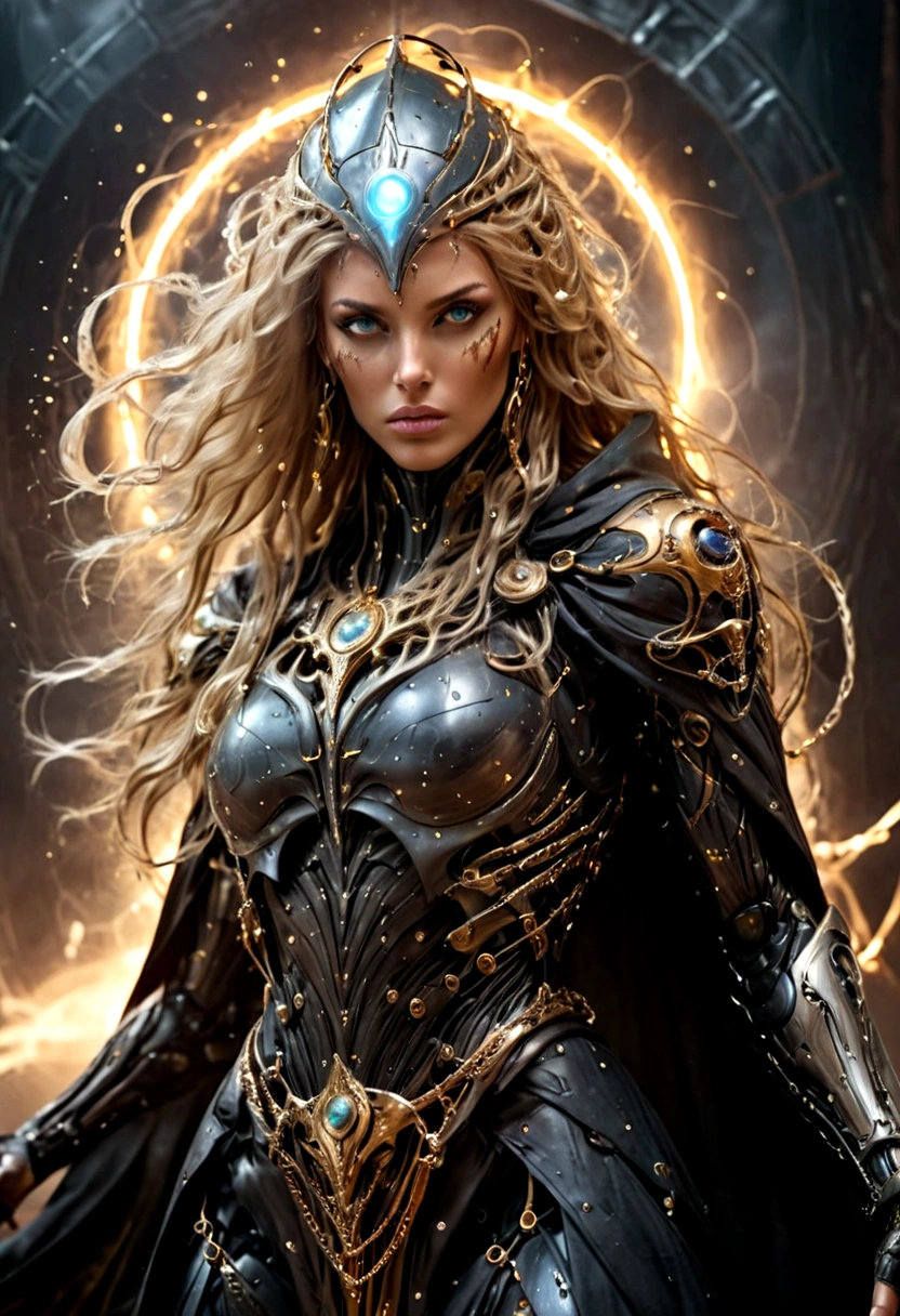 a tall lady warrior in perfect body proportion, perfect face, perfect body, futuristic royal regalia, wet cloak, very long-golden hair, blowing hair, weapon-armor, google helmet, medusa head, one hand pointing the sky, high heels, chakra-golden rays surrounded, mystical aura, ethereal, fire element, death massive-flames in background, dark moon, unreal engine, cinema art photographic, cinematic motion picture, 8k, super detailed, bottom view, bottom camera angle
