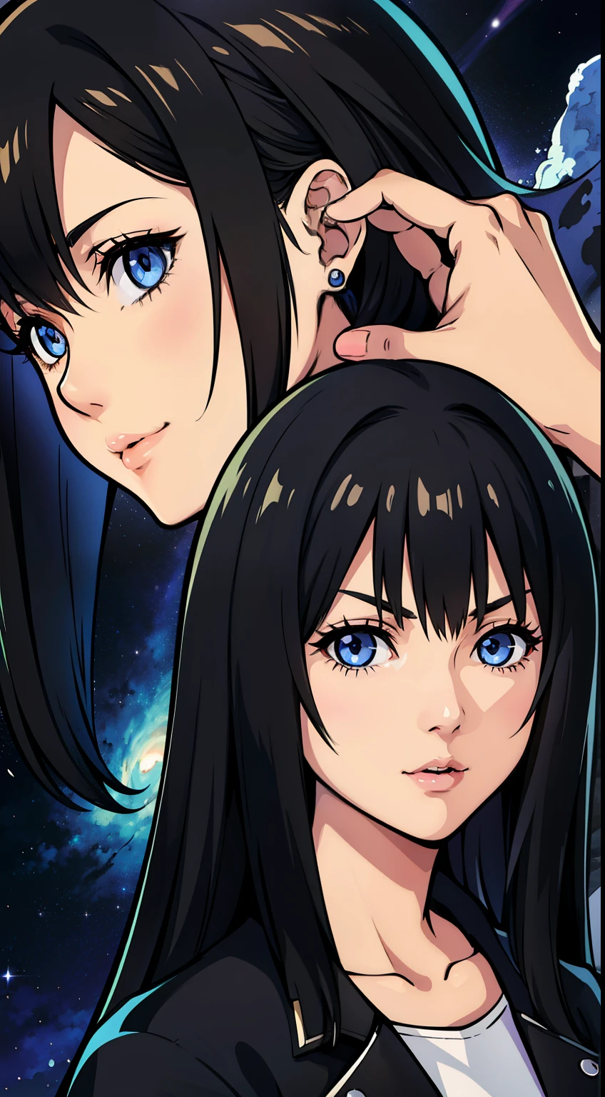 (high-quality, breathtaking),(expressive eyes, perfect face) Symmetrical Eyes, portrait, nomura tetsuya, nomura tetsuya art style, Kingdom Hearts, 1girl, female, black hair color, dark blue eye colors, hair between eyes, long hair length, neutral expression, feminine face, cute smile, black long sleeved jacket, open jacket, white shirt, black jeans, facing towards viewer, black background, official art, starry night, kingdom hearts outfit
