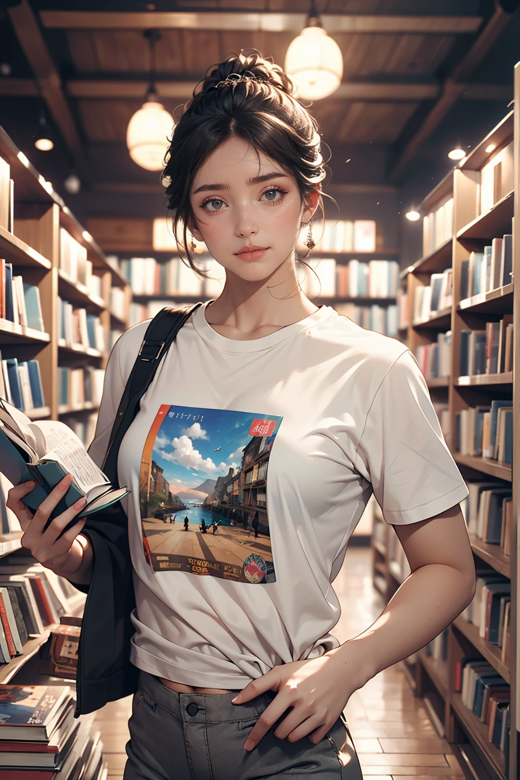 (8K, RAW photos, best quality, masterpiece:1.2), (realistic, photo-realistic:1.3)、A 26-year-old Japanese woman with a beautiful face.、hair is gray、Eye color is dark blue, laugh, high definition face, Curly short hair, (((With a book at a bookstore))), (((Off-solder large t-shirt and hot pants)))))),  Glowing skin under bright lights, photometry, (((slim body)))