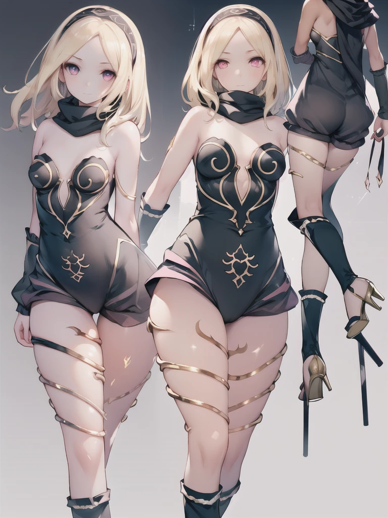 \(masterpiece, best quality, ultra-detailed\), \(illustration\), \(beautiful detailed eyes\), \(very detailed face\), ((perfect anatomy)), \(1girl\), \(solo\), gdkat, dark skin, dark-skinned female, hairband, leotard, strapless, leg warmers, high heels, vambraces, black scarf, bare shoulders thighs, hip bones,