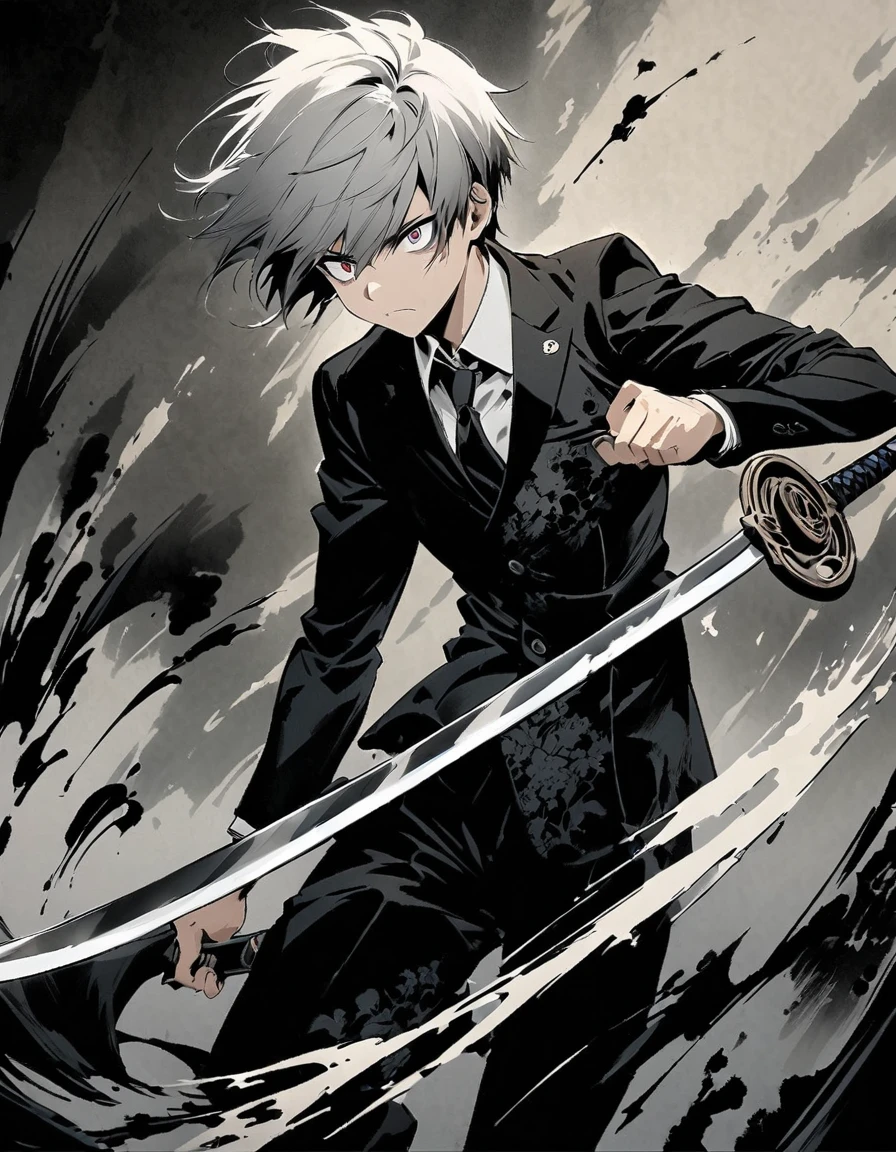 Short grey hair Sharp eyes 28 years old Hold a longsword Damaged black suit Ink painting art