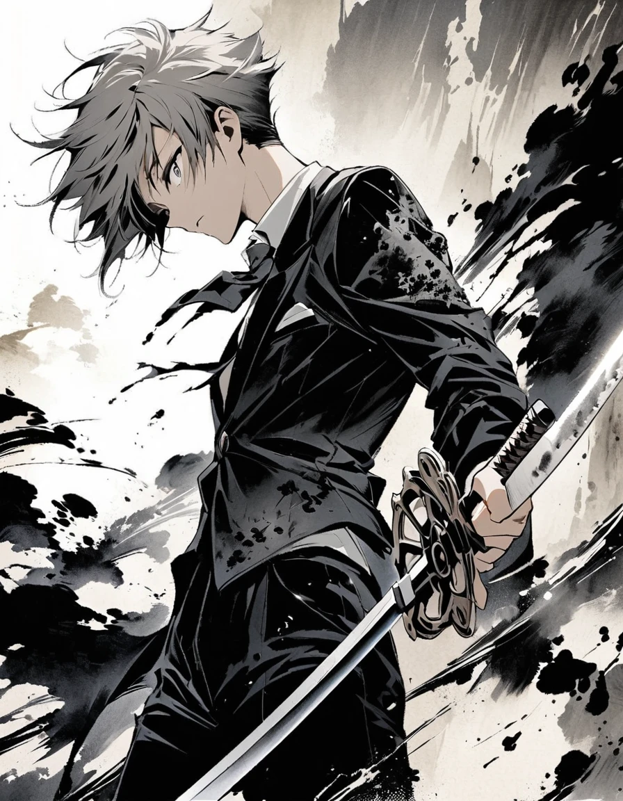 Short grey hair Sharp eyes 28 years old Hold a longsword Damaged black suit Ink painting art