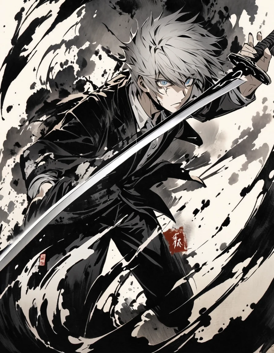 Short grey hair Sharp eyes 28 years old Hold a longsword Damaged black suit Ink painting art