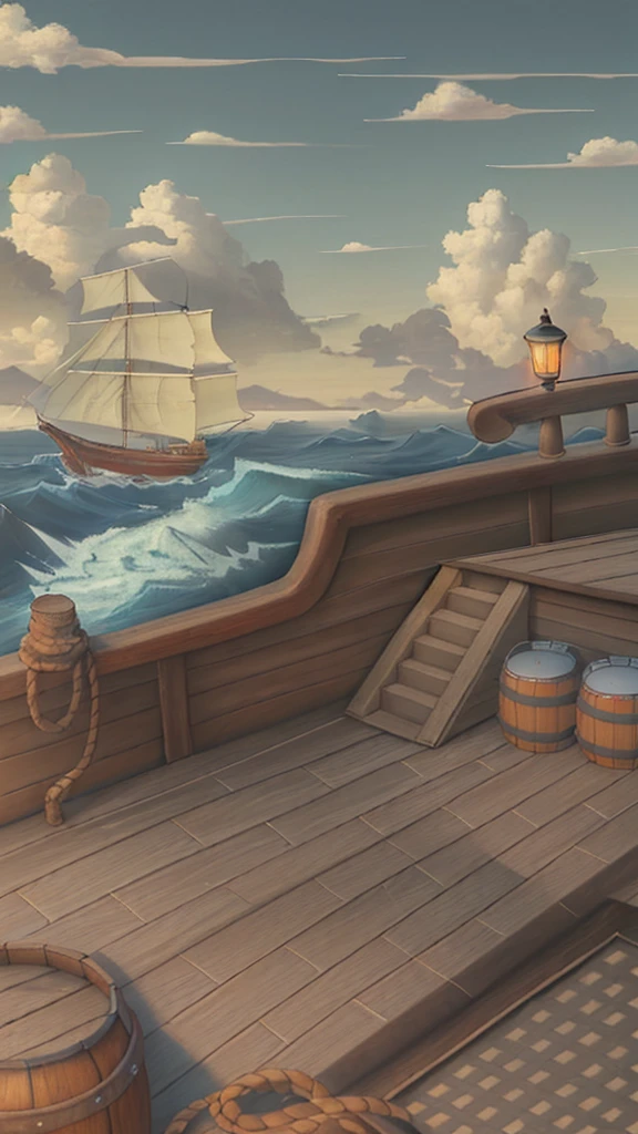A ship floating on the sea，Barrels and scattered reins were neatly placed on the wooden deck.，There is a kerosene lamp on the guardrail for lighting.，In the distance, two ships are floating on the rough sea.，An island in the distance，There is also blue sky, white clouds and seagulls，Natural light，High-definition quality，High-quality posters,Oil painting texture，
