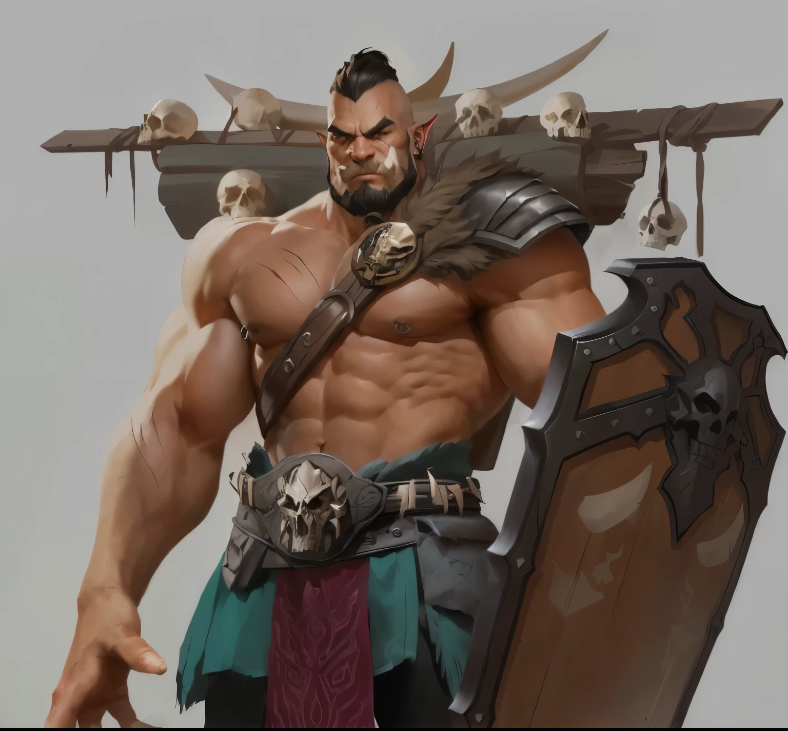 There is a man with a sword and a shield,There are skeletons on it, barbarian class, dnd giant character concept, barbarian, Concept art of the warrior, male barbarian, Grog Stromger, Tyler Edlin Fantasy Art, picture of an adult Male Warrior, feng zhu concept art, Hero fantasy character concept, barbarian warrior, Male Warrior, role playing game (RPG) concept art character